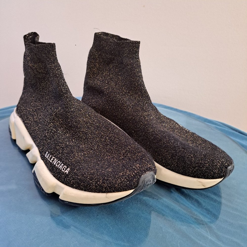 BALENCIAGA Speed Lite Sneaker Blk/Gold Metallic Knit Sneakers - Picture 2 of 8